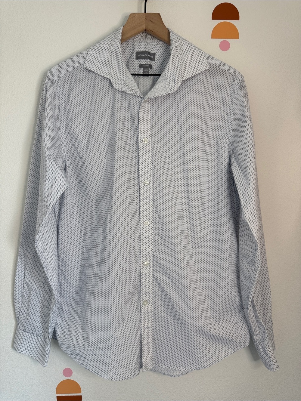 Michael Kors Slim Fit Men’s Dress Shirt White Blue Print Button Up Size M N0207